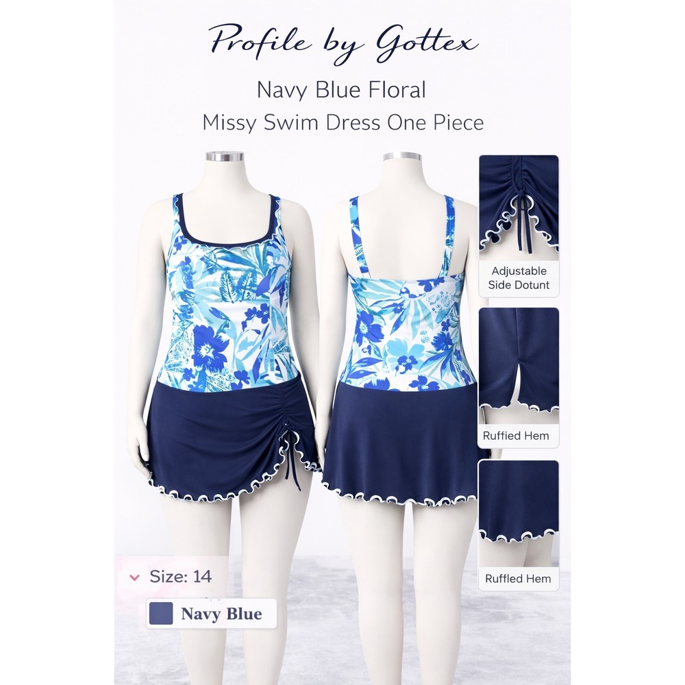 Profile by Gottex Navy Blue Floral Missy Swim Dress One Piece Size 14